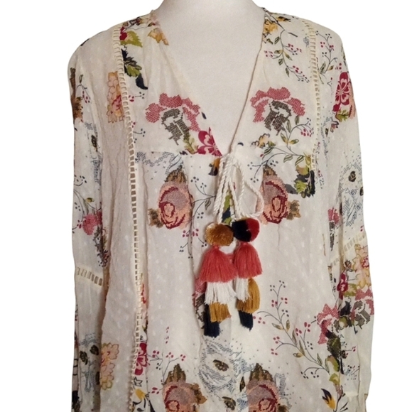 Zara Woman Floral Boho Style Needlepoint Tassel Tie Front Blouse Size Medium - Picture 3 of 10